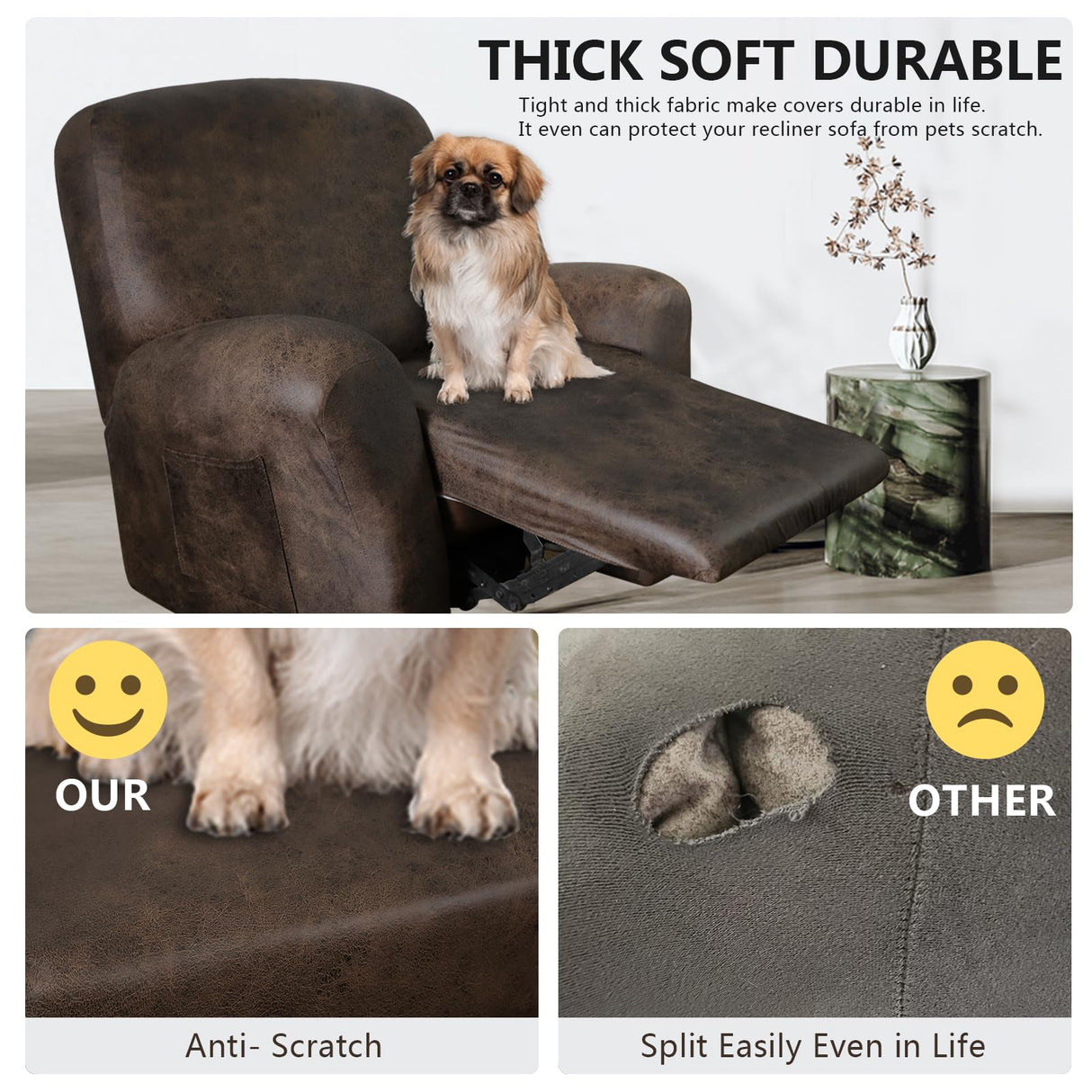 ANARACHON Leather Like Recliner Chair Covers Heavy Duty, 4 Pieces Lazy Boy Recliner Cover for Recliner Chair, Leather Cover for Recliner slipcovers Washable for Pets (Dark Brown) ANARACHON