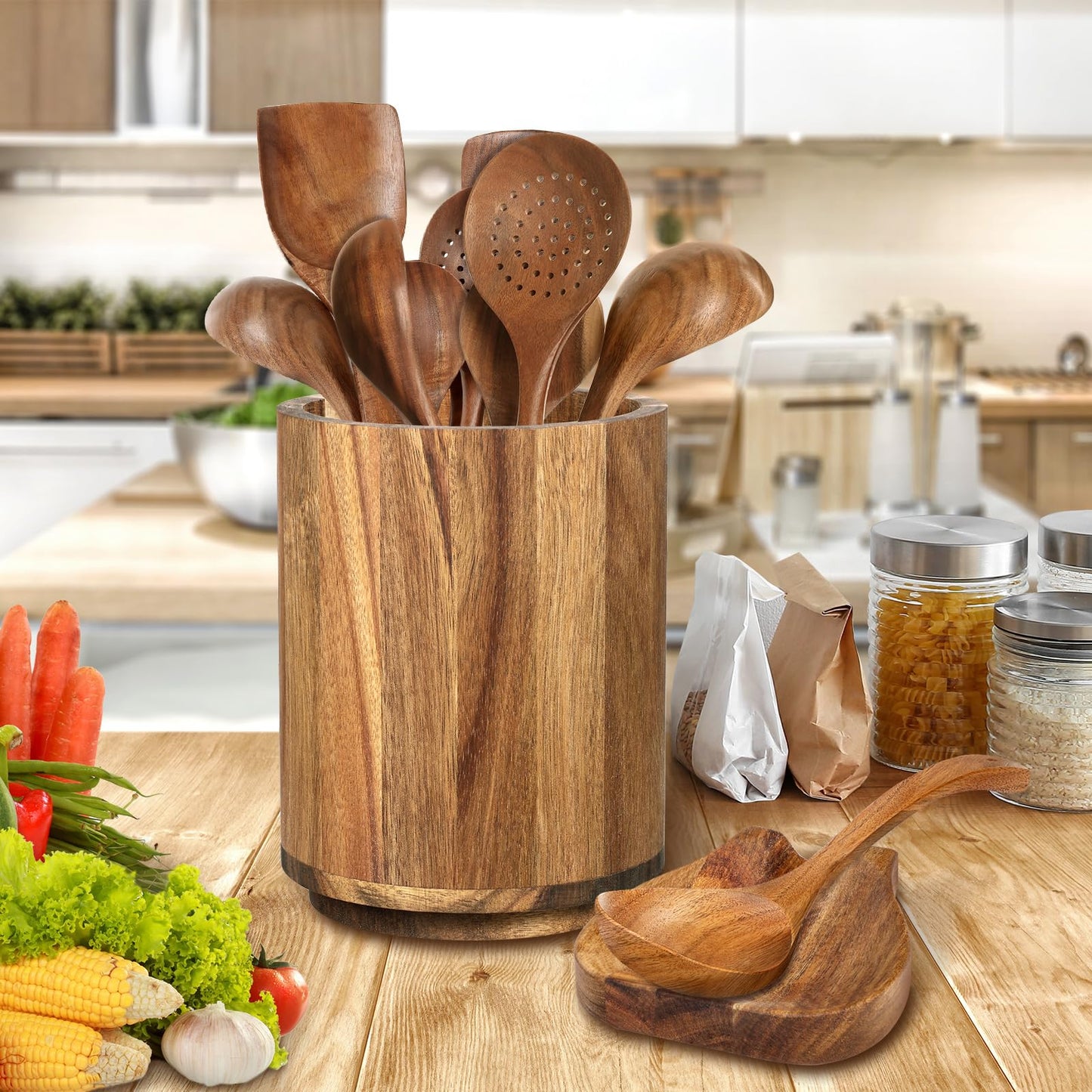 Wooden Utensil Holder for Kitchen Counter - 360° Rotating Acacia Cooking Utensil Holder ＆ Large 7.2"x 6" Round Utensils Holder Organizer with Wood Spoon Holder for Countertop Farmhouse Kitchen Decor