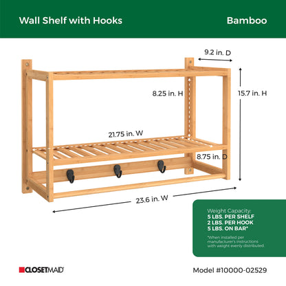 ClosetMaid Bamboo Wall Shelf with Towel Bar, 3 Hooks, Wall Mount Storage Shelves, 2 Tier, Organizer Rack, Natural Finish - WoodArtSupply