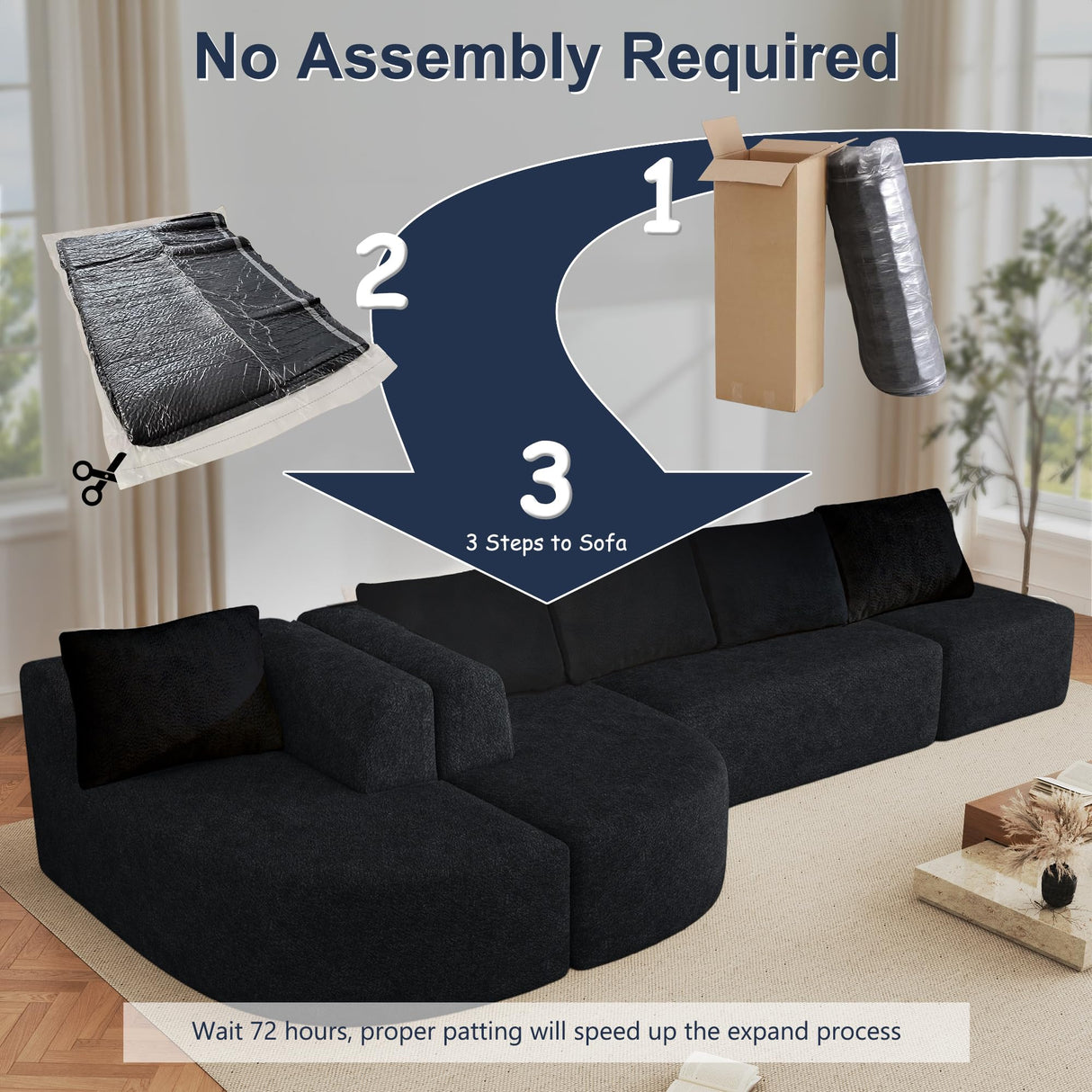 144" Oversized Sectional Couches for Living Room, Modern Luxury Chenille 5-Seater Sofa, Deep Seat Curved Cloud Couch, Modular Sofa with Chaise Lounges & 5 Pillows, No Assembly Required (Black) IZLKQC