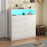 OTUTUMUS 4 Drawer Dresser for Bedroom with Charging Station & LED Light, Wood Tall Dresser with Storage Cabinet, Chest of Drawers with Open Compartments for Living Room, Closet, Hallway (White) OTUTUMUS