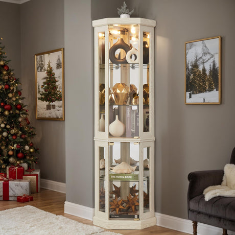 Eyisean 70" Lighted Glass Corner Curio Cabinet, Display Cabinet with Elegant Tempered Glass Door, China Cabinet with Light Bulb, Mirrored Back Panel, Rack for Living Room Storage (White) Eyisean