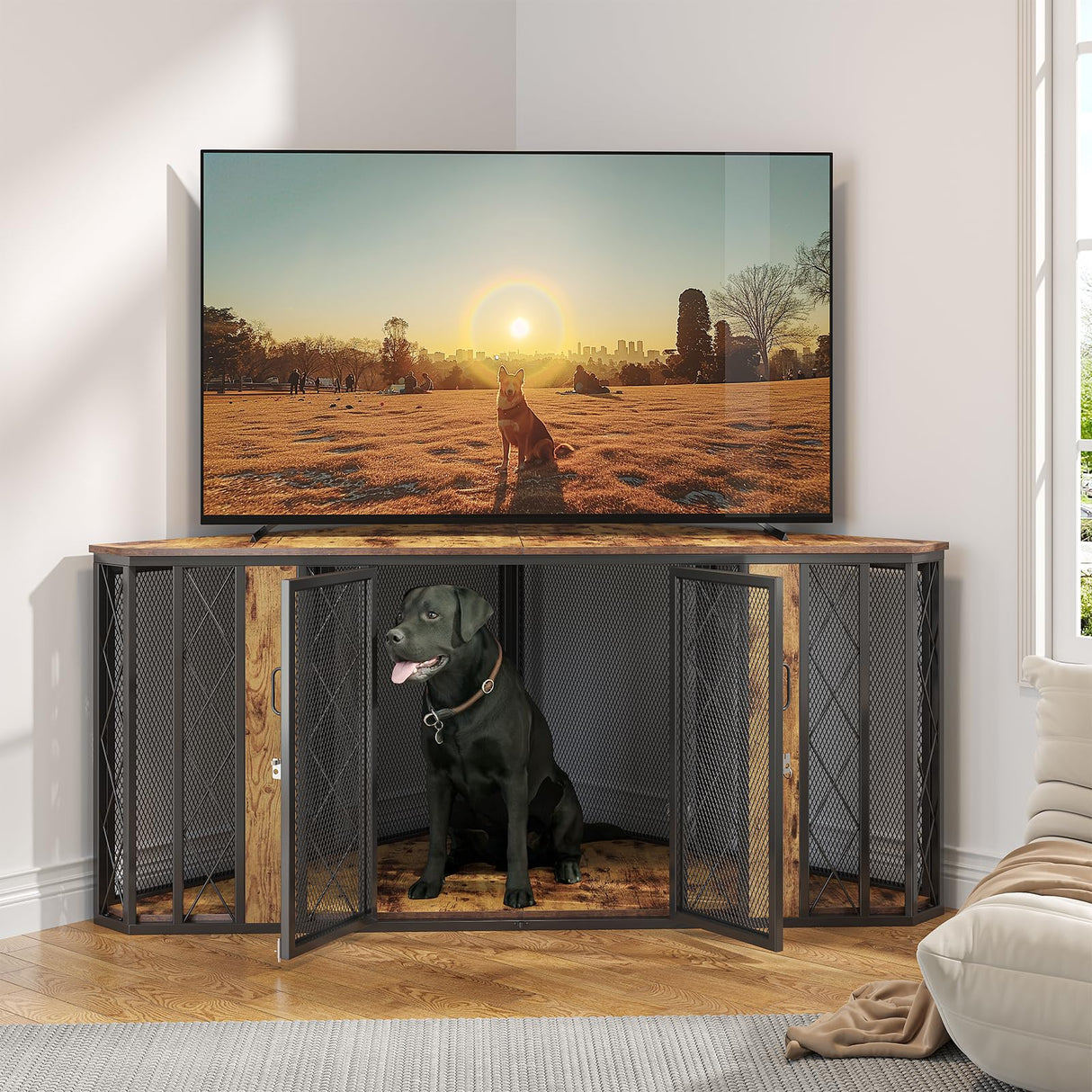 𝙎𝙖𝙪𝙙𝙞𝙨𝙢 67" Corner Dog Crate Furniture for Large Breed, Large Wooden Dog Kennel Furniture with 2 Doors, Decorative Dog Crate, Dog Kennel Tv Stand End Table Saudism