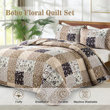 Menghomeus Brown Quilt Set King Boho Patchwork Bedspread Floral Coverlet Reversible Bed Quilt Set All Season Soft Microfiber Bedding Farmhouse Bed Sets, 104"x90" Menghomeus