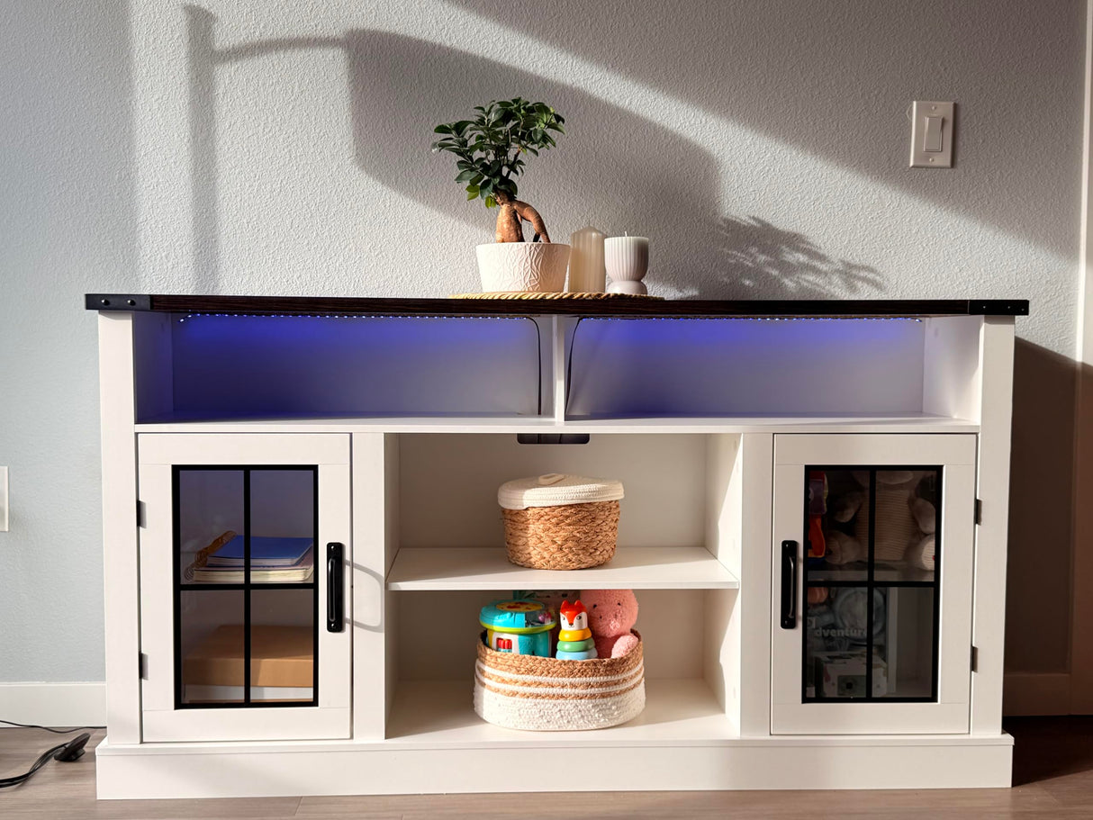 WLIVE Farmhouse TV Stand for 65 Inch TV, Tall Entertainment Center with LED Lights, Mid Century Modern TV Console wirh Open Shelves and Glass Cabinet Doors for Living Room and Bedroom, White WLIVE