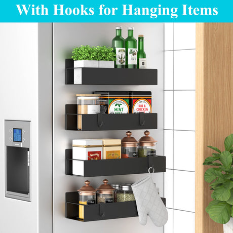 HuggieGems 4 Pack Magnetic Spice Storage Rack Organizer for Refrigerator and Oven, Black Fridge Organizers and Storage HuggieGems