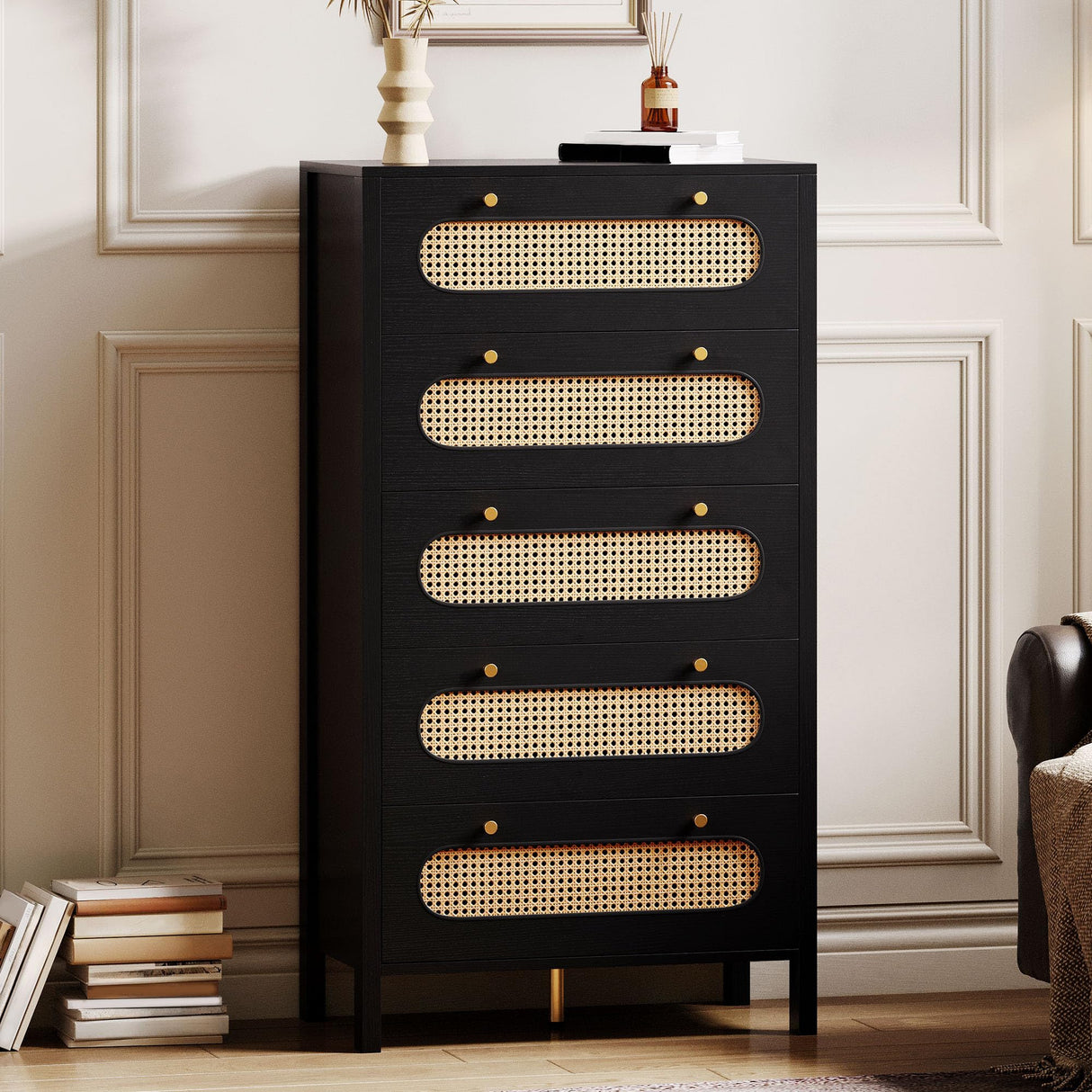 DWVO 47" Tall Natural Rattan 5 Drawer Boho Dresser Chest of Drawers with Golden Handles, Wood Dresser Storage Cabinet for Hallway, Entryway, Hold up to 300lbs, Black DWVO