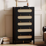 DWVO 47" Tall Natural Rattan 5 Drawer Boho Dresser Chest of Drawers with Golden Handles, Wood Dresser Storage Cabinet for Hallway, Entryway, Hold up to 300lbs, Black DWVO