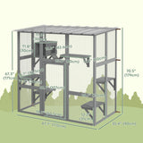PawHut Catio Outdoor Cat Enclosure, Large Cat House, Wooden Cat Window Box with Scratching Posts, Weather Protection Roof for 1-2 Kitties, Resting Boxes, 68" x 35.5" x 70.5", Gray PawHut