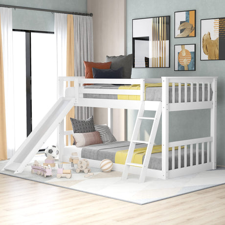 Bellemave Twin Over Twin Low Bunk Bed with Slide and Ladder, Low Bunk Bed for Kids, Girls, Boys, Floor bunk Bed, White Bellemave