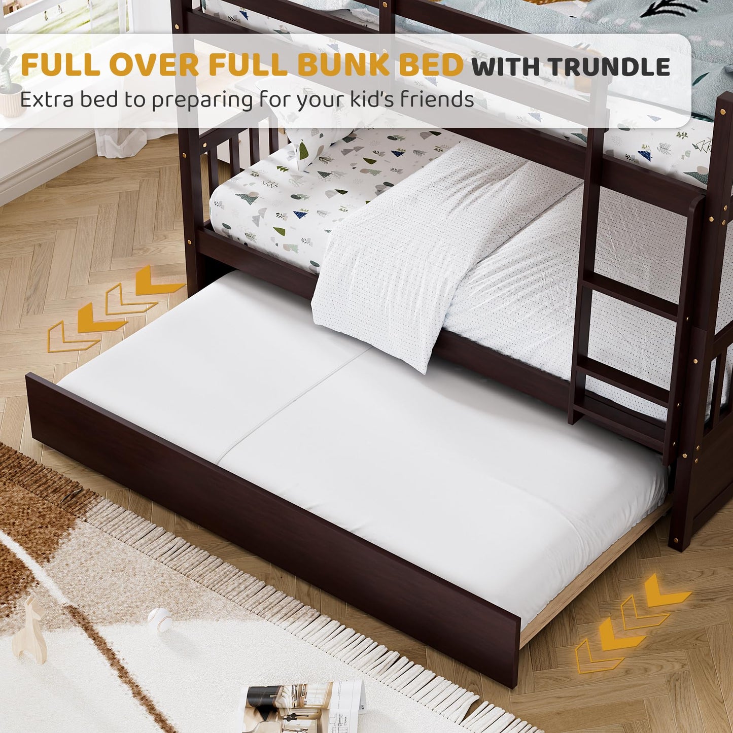 WIILAYOK Full Over Full Bunk Bed with Trundle, Convertible to 2 Full Size Platform Bed, Bunk Bed with Ladder and Safety Rails for Teens, Adults, Brown