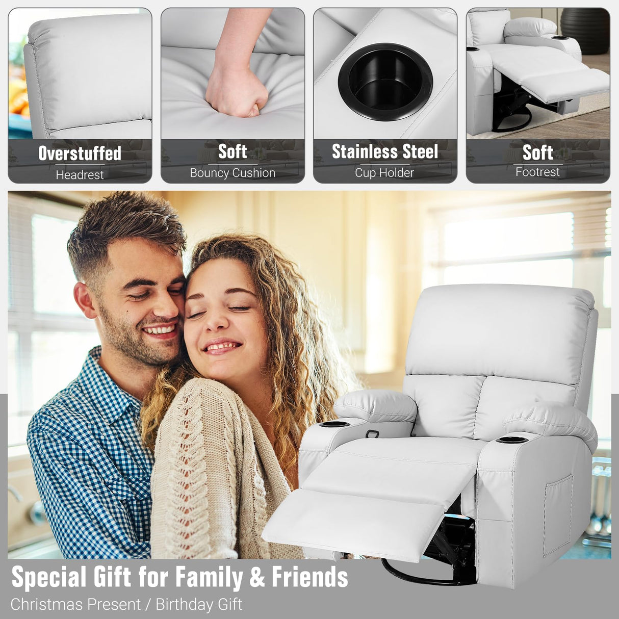 LAFWELL Rocking Recliner Chair, Massage Rocker Recliner Chair with Vibration Massage and Heat, 360° Swivel Recliner Chairs, Living Room, Bedroom, Nursery, RV, Grey LAFWELL