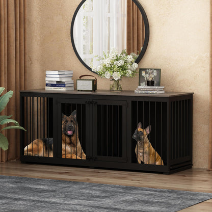 DAWNSPACES Large Funiture Style Dog Crate for 2 Dogs, 70" Wooden Dog Kennel Furniture with Removable Divider & 2 Trays, Indoor Heavy Duty Dog House w/Double Rooms for Large Medium Dogs, Black - WoodArtSupply