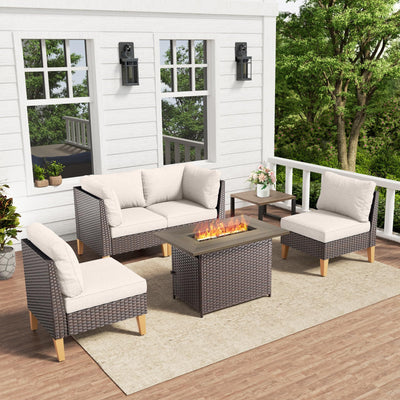 HUMMUH 6 Pieces Patio Furniture Set with Fire Pit,Outdoor Modular Sectional Loveseat Chairs with Table,All Weather PE Wicker Patio Conversation Sets for Deck Porch Backyard