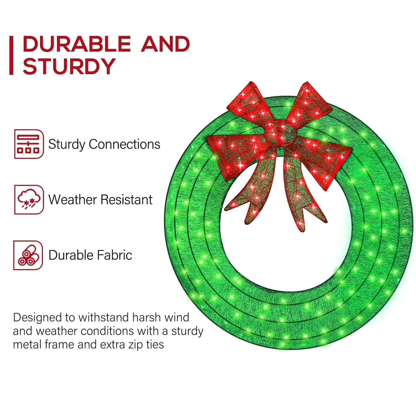 Hykolity 48 in. 3D Pre-lit Outdoor Christmas Wreath with 140 LED Lights & Bow, Outdoor Christmas Holiday Yard Decoration for Garden, Porch - Green/Red