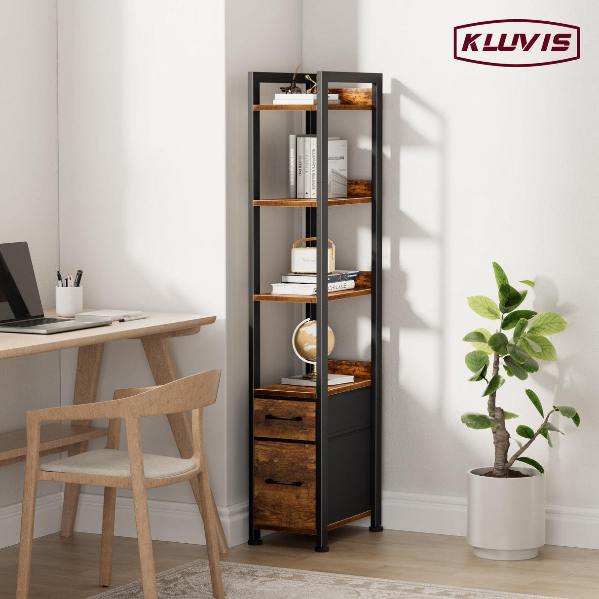 KLUVIS Skinny Bookshelf for Small Spaces - 5 Tier Thin Book Shelf with Storage Drawers Narrow Shelves Slim Bookshelves 2 Fabric Drawer 60 inch Tall, Farmhouse Brown (03BN) KLUVIS