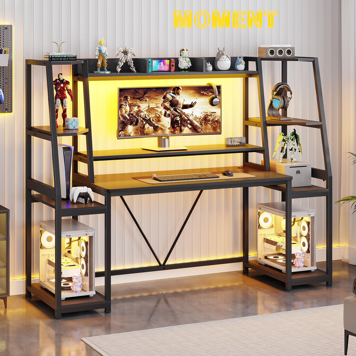 SEDETA Gaming Desk 65.7'' with LED Lights, Hutch and Storage Shelves, Computer Desk with Monitor Stand, Large PC Gamer Desk Workstation, Ergonomic Gaming Table for Bedroom, Living Room, Black SEDETA