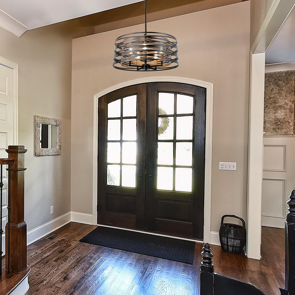 WBinDX 5-Light Drum Chandelier, 18.9'' Black Faux Wood Metal Farmhouse Dining Room Light Fixture, Rustic Industrial Retro Hanging Round Chandeliers for Kitchen Table Foyer Entryway Living Room WBinDX