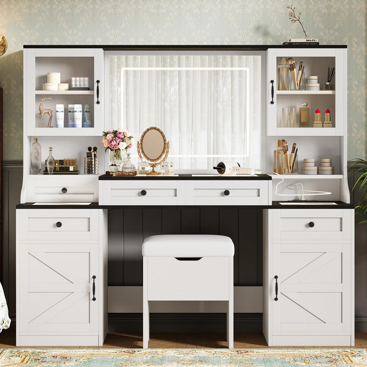 Merax Vanity Desk with Mirror, LED Lights and Power Outlet, Large Glass Top Makeup Vanity Table with 5 Drawers & 4 Cabinets, Farmhouse Dressing Table and Cushioned Storage Stool, for Bedroom, White Merax