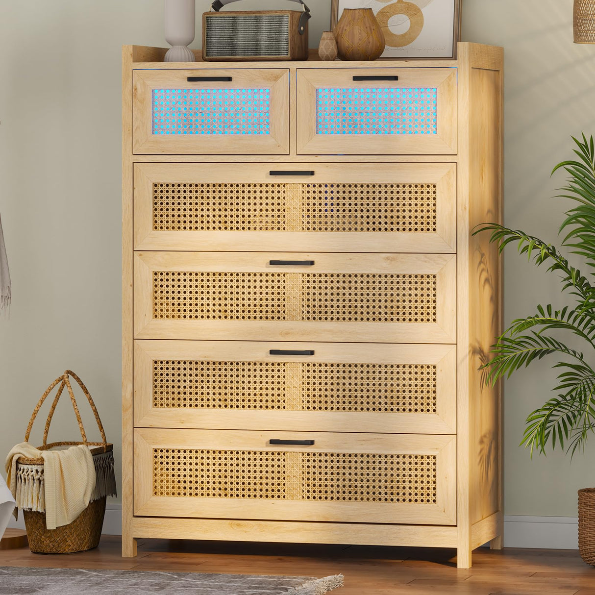OTMCOOUCH Dresser for Bedroom with 6 Drawers, Natural Rattan Modern Wooden Tall Bedroom Dresser with Led Lights, Chest of Drawers for Bedroom, Living Room OTMCOOUCH