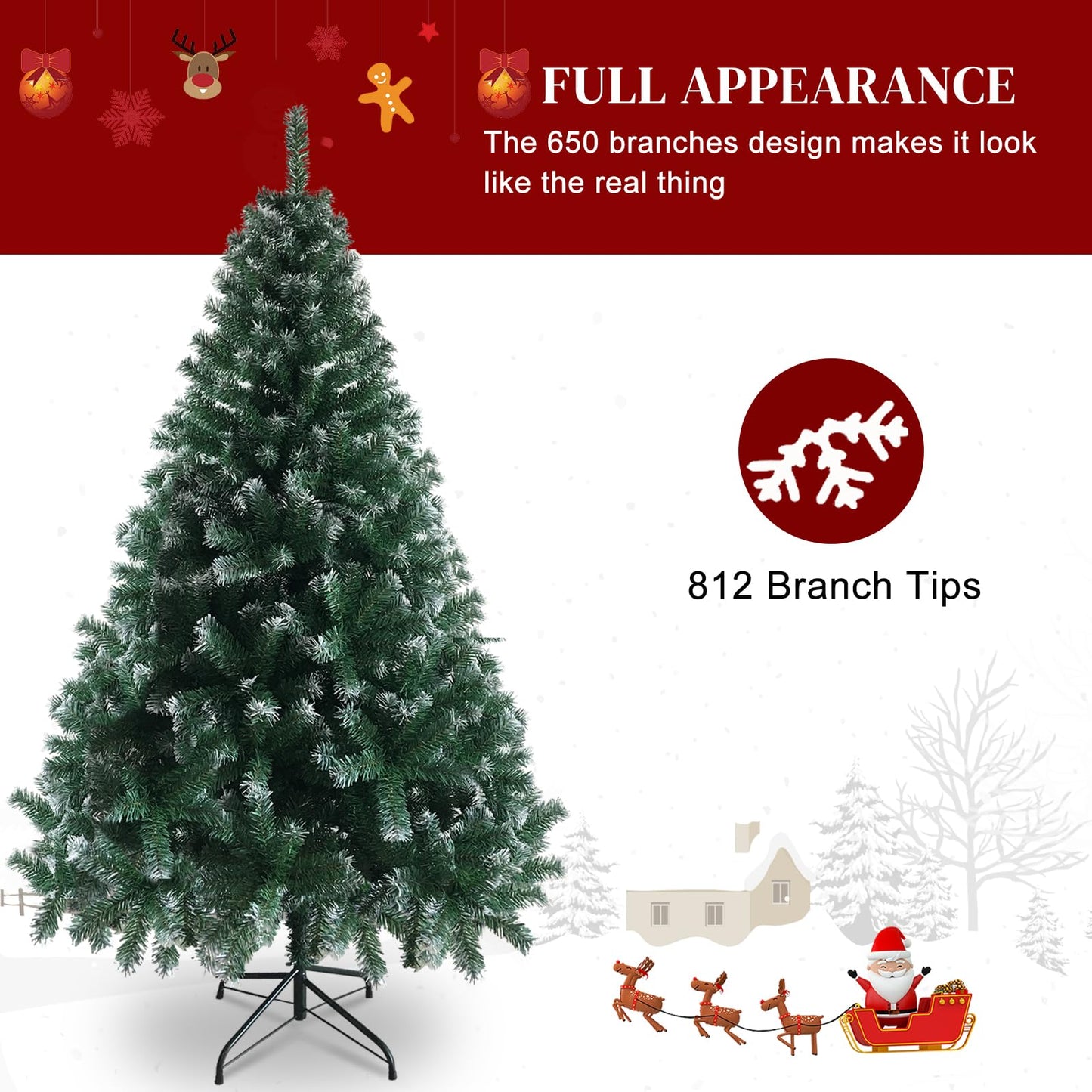 Karl home 6ft Green Partial Flocked Artificial Christmas Tree, Classic Spruce Tree with Sturdy Metal Stand for Home, Office, Party Festival Holiday Decoration,812 PVC Branch