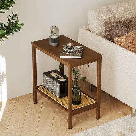 Rattan Side Table Mid Century Modern End Table 2-Tier with Storage Night Stand Narrow Coffee Table Boho Bamboo Living Room Table Bamworld