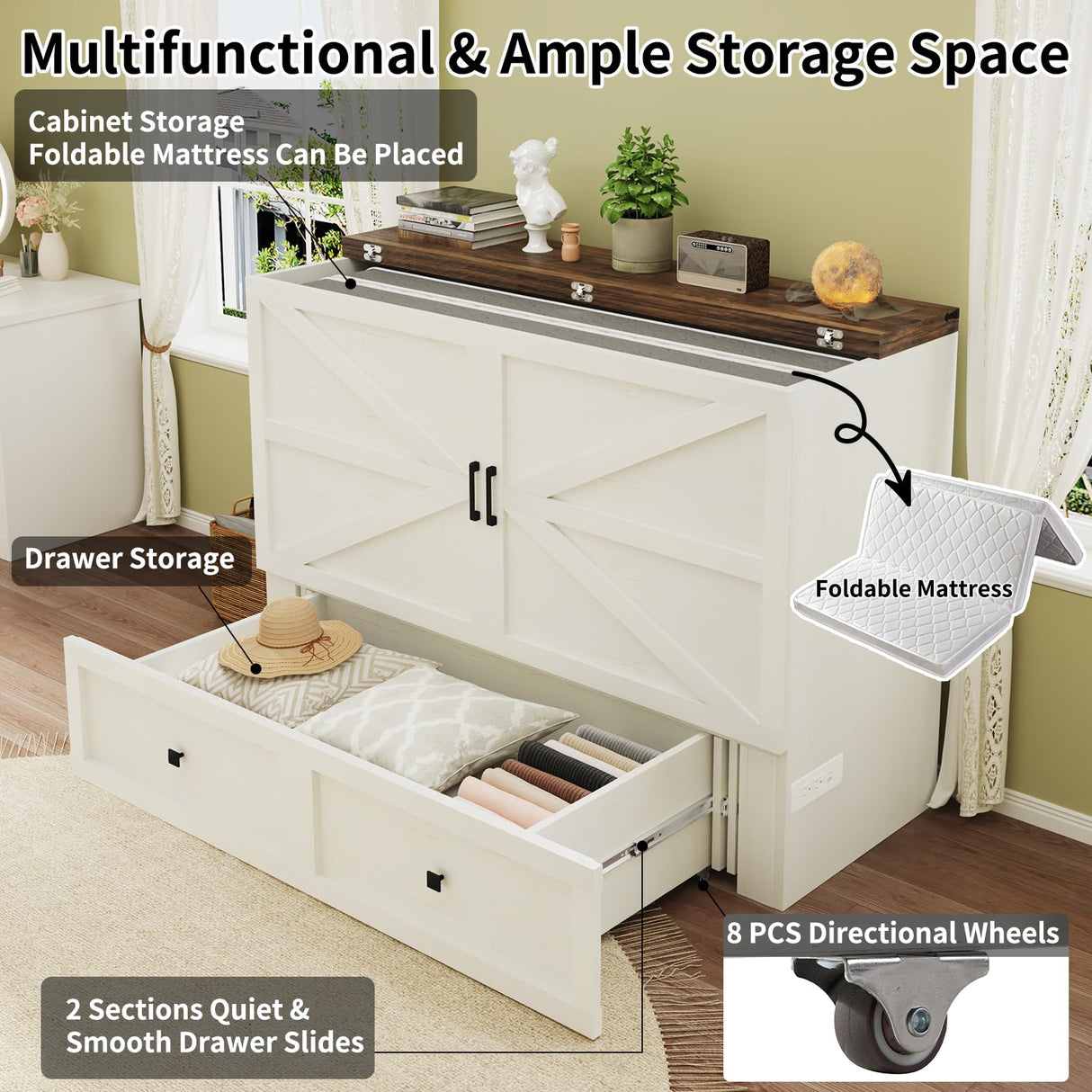 LUXOAK Full Size Murphy Bed with Charging Station, Cabinet Bed with Large Storage Drawer for Home Office or Small Room, Full Foldable Platform Bed, White LUXOAK