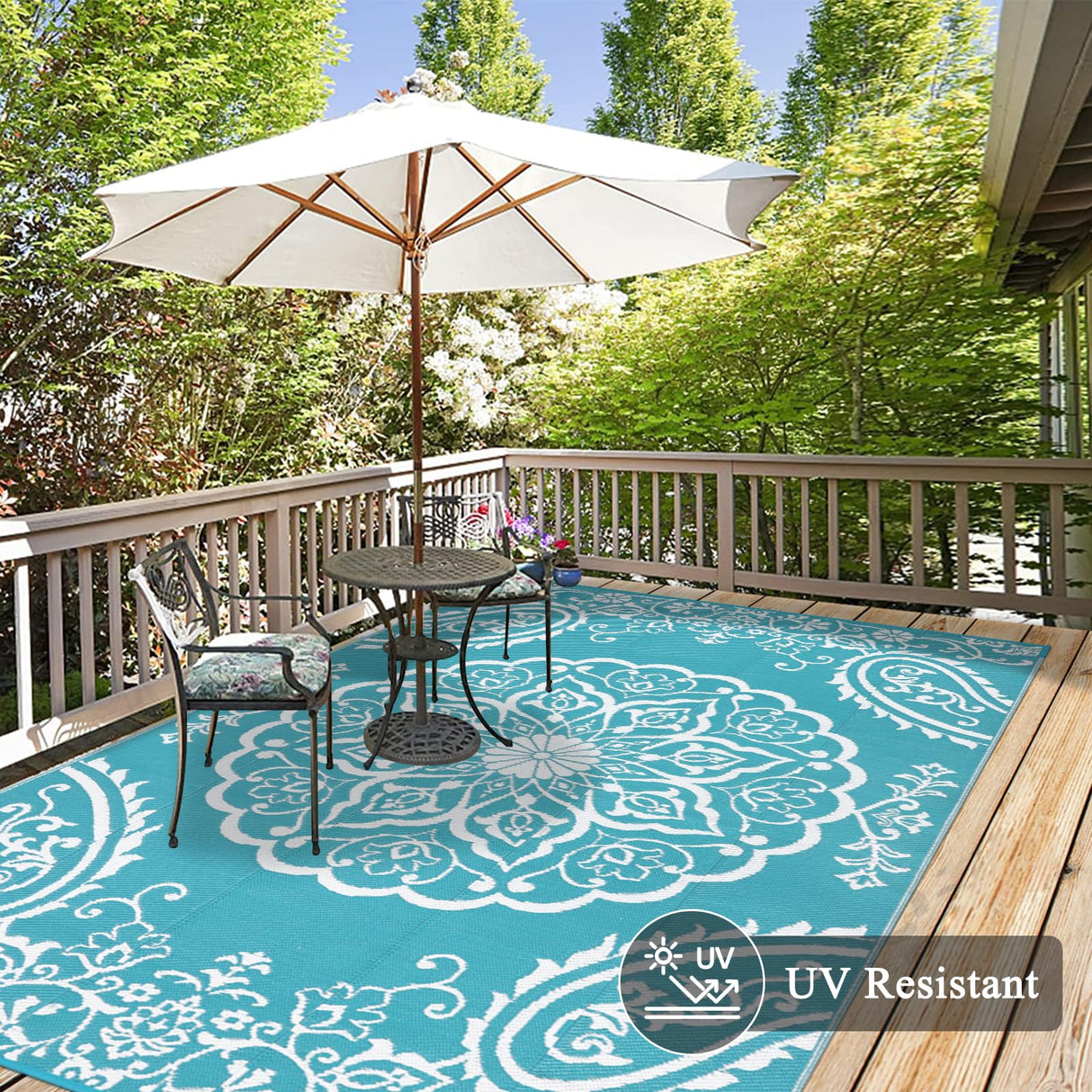 Pauwer Waterproof Outdoor Rug 5x8, Reversible Plastic Straw Patio Camping Rug, Indoor Outdoor RV Mat Carpet for Deck, Camper, Porch, Balcony, Backyard, Picnic, Boho Teal Pauwer