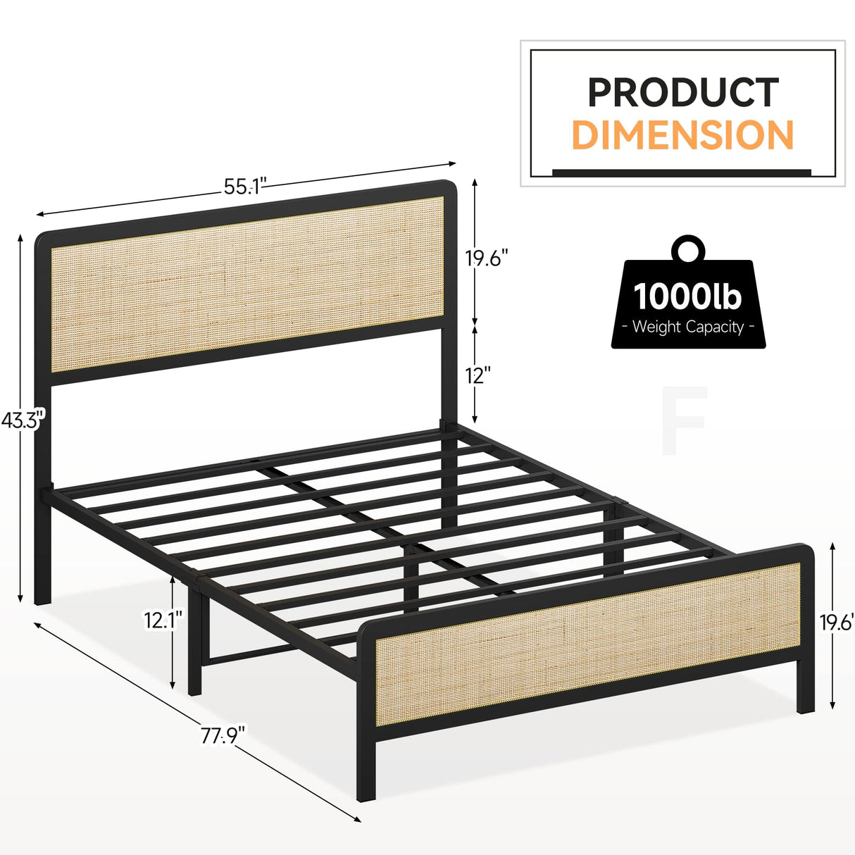IDEALHOUSE Queen Metal Bed Frame with Rattan Headboard and Footboard, Strong Metal Slat Support, No Box Spring Needed, Queen Size, Black & Oak (Full((U.S. Standard)) IDEALHOUSE