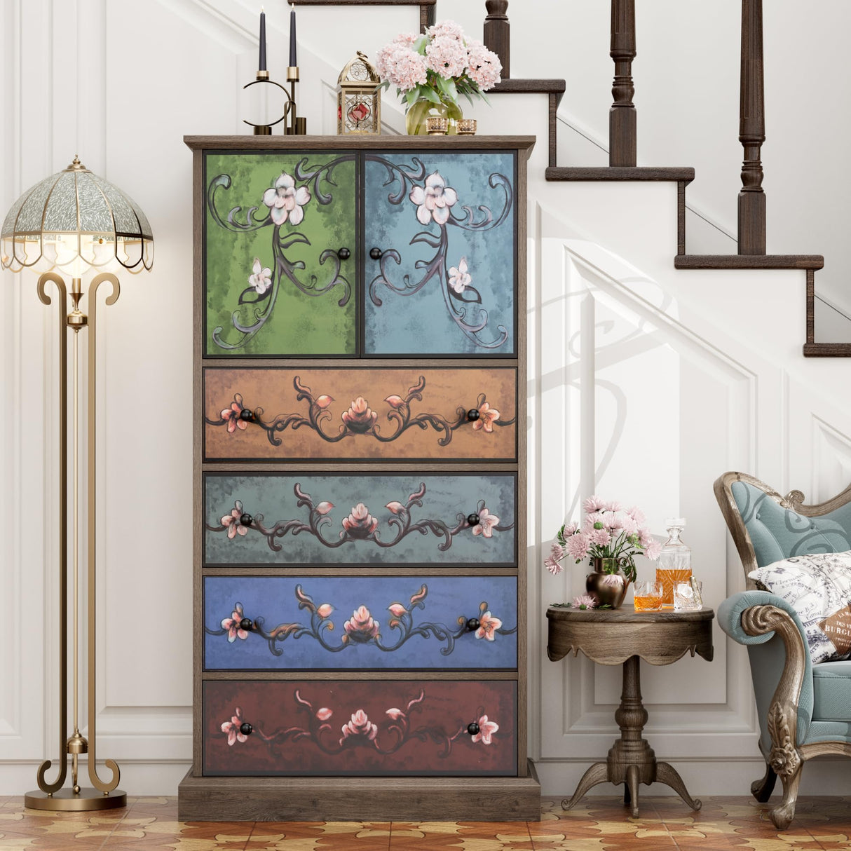 finetones 50’’ Tall Dresser, Boho Dresser Vintage Dresser with 4 Drawers and 2 Doors, Wood Dresser Chests of Drawers for Home, 16.1D x 23.6W x 50H Inch finetones