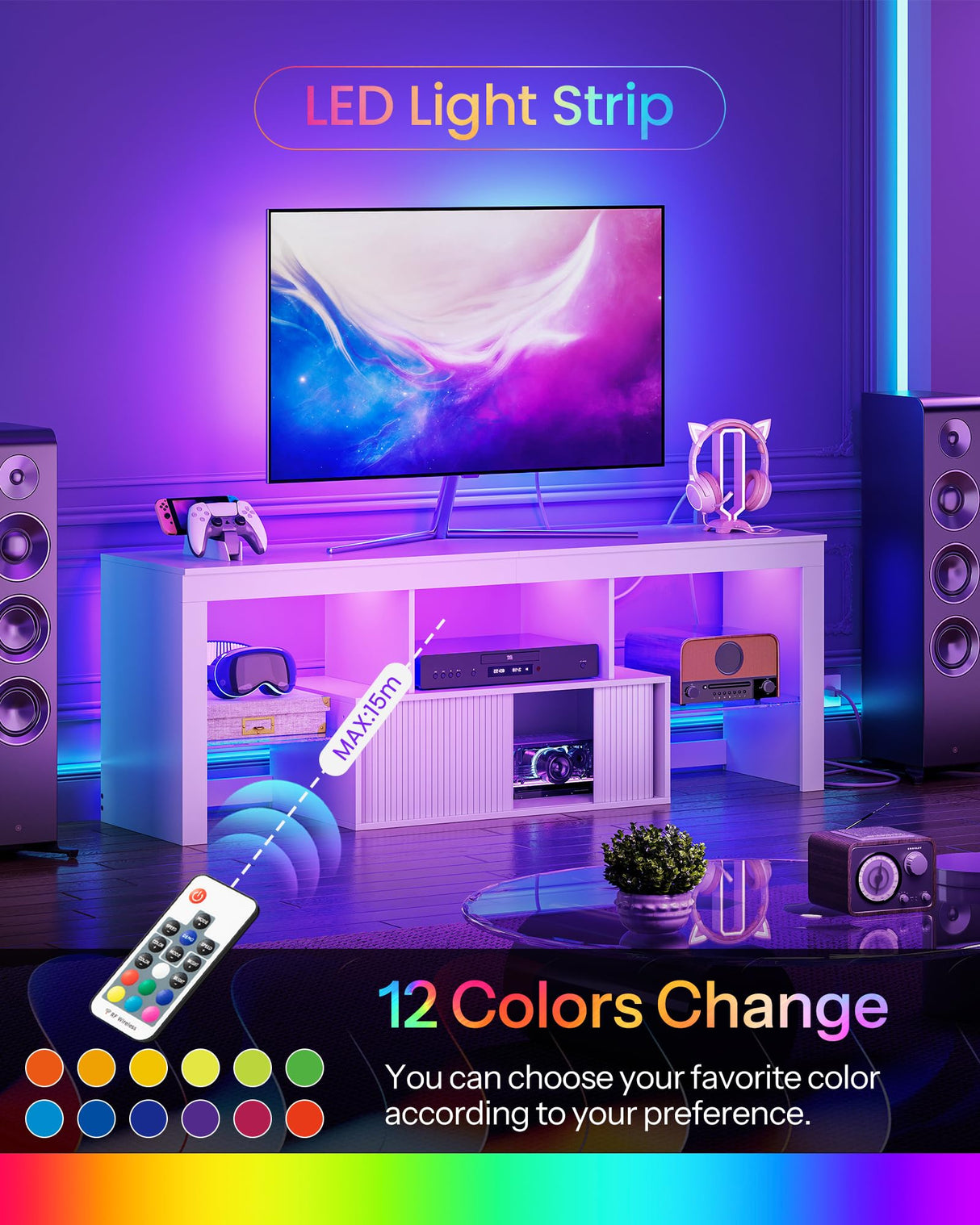 CHOEZON TV Stand with Power Outlet, Modern TV Cabinet for 55 60 inch TVs, Media TV Console with LED Light Strip, Media Entertainment Center with Storage, for Living Room, Bedroom, White MDS02UDWB CHOEZON
