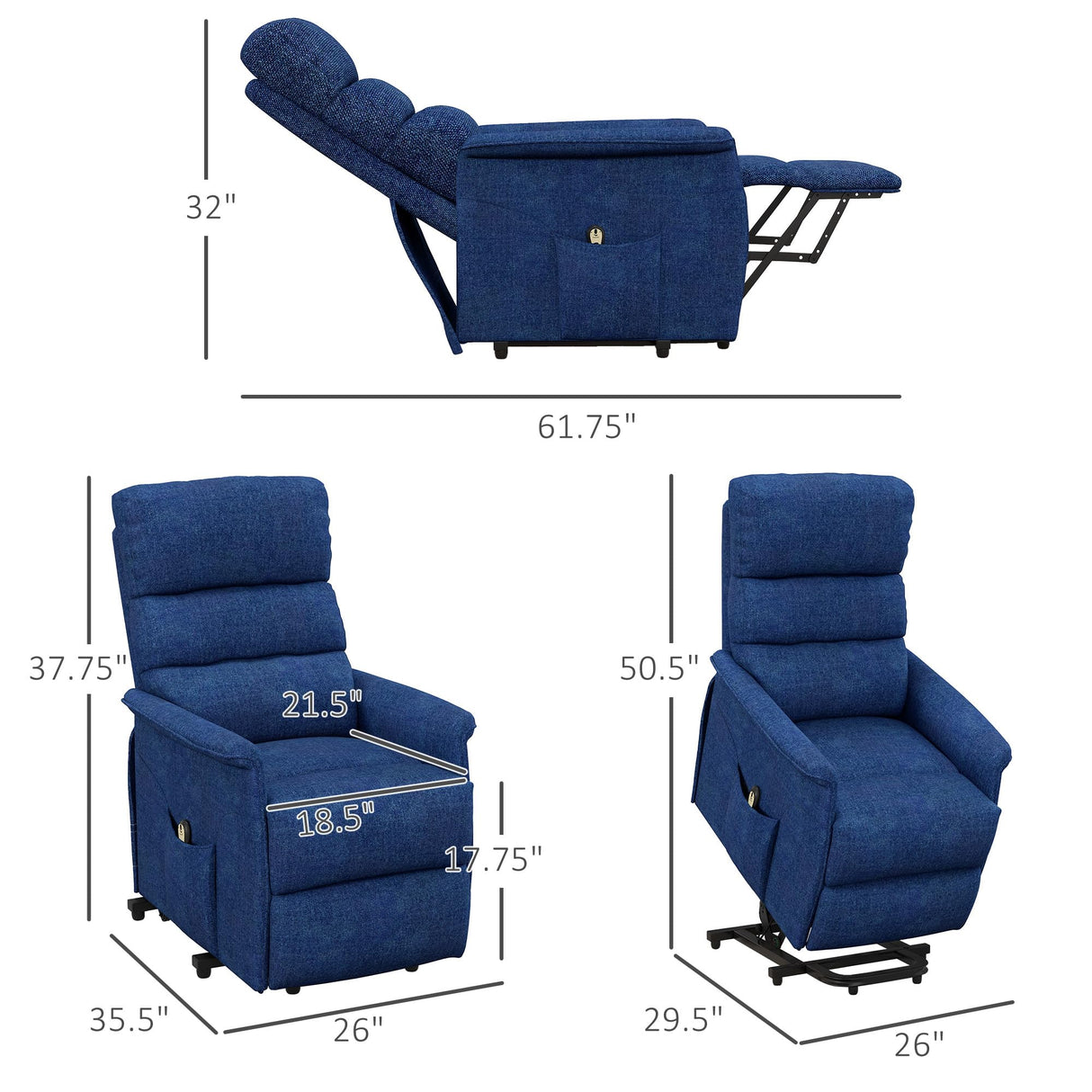 HOMCOM Power Lift Recliner Chair for Elderly, Easy Assembly, Fabric Lift Chair for Adults, Recliner Sofa with Remote Control, Side Pockets for Living Room, Dark Blue HOMCOM