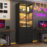 chartustriable 79" Tall Display Cabinet with LED Sensor Light & Pop-up Glass Doors & Drawers, Modern Bookcase Curio Storage Cabinet for Bedroom, Living Room, Office, Black chartustriable