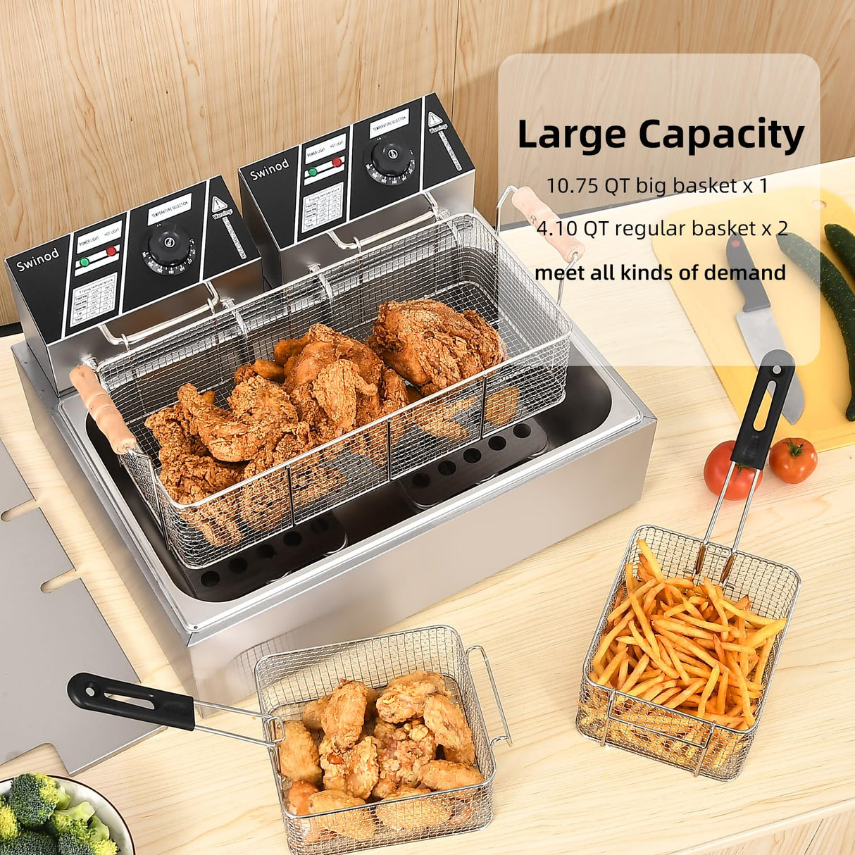 Commercial Deep Fryer with Basket for Restaurant or Home Use, Detachable Large Capacity Stainless Steel Countertop Electric Oil Fryer with Temperature Control Swinod
