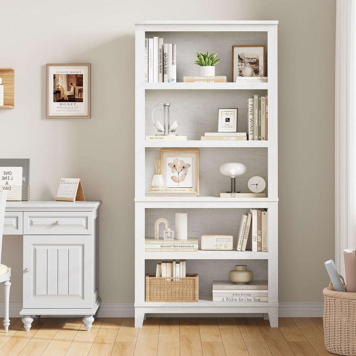 IDEALHOUSE 71" Farmhouse Bookshelf w/Adjustable Shelves & 31.5 in Whidth, 5 Tier Tall Bookshelf with Wooden Legs, Vintage Wooedn Book Shelf for Living Room Office (White, 71.3" H x 31.5" W x 11.8" D) IDEALHOUSE