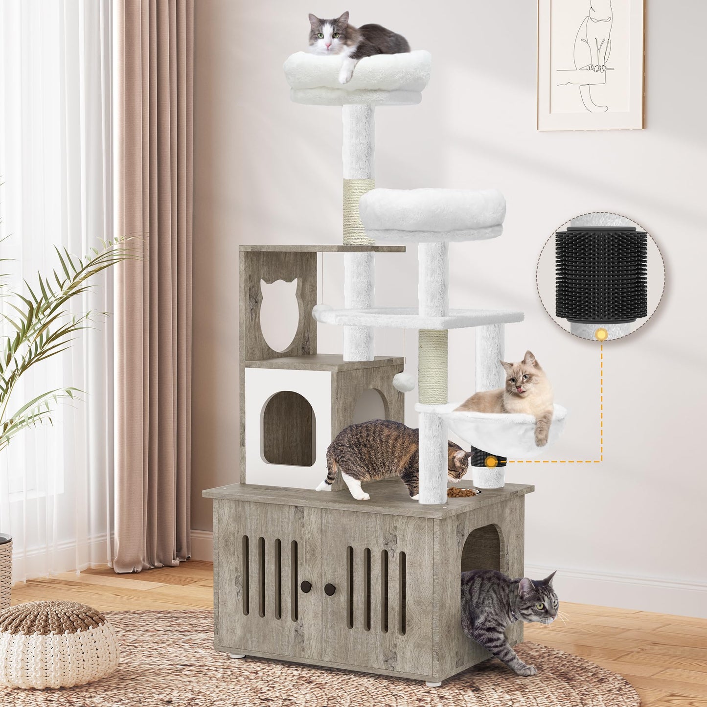 YITAHOME 59 Inch Cat Tree with Litter Box Enclosure, 2-in-1 Cat Furniture Condo, Indoor Cat Tower with Wood House, Perch, Feeding Station, Hammocks, Scratch Post, Hair Brush, Gray - WoodArtSupply