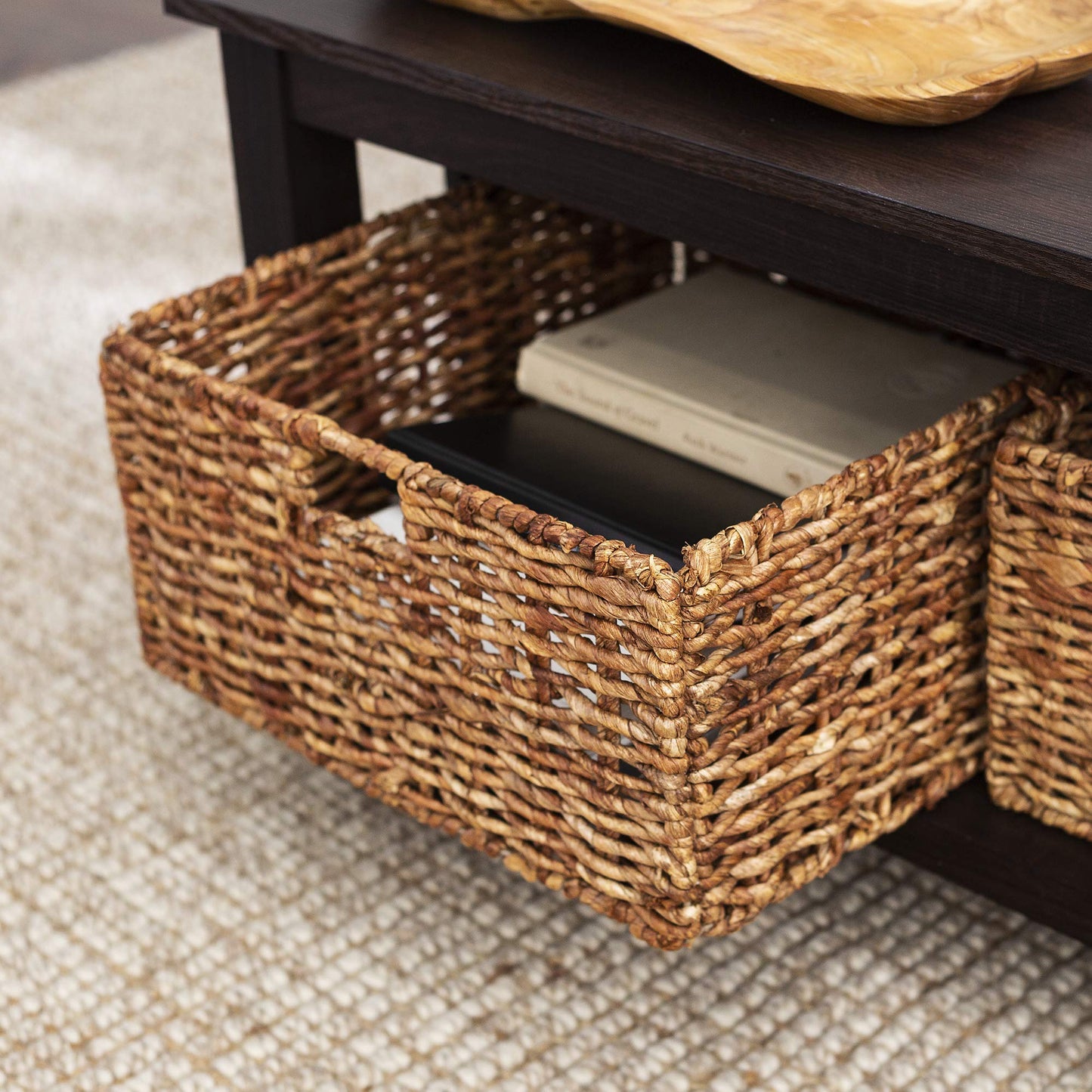 Walker Edison Alayna Mission Style Two Tier Coffee Table with Rattan Storage Baskets, 40 Inch, Espresso - WoodArtSupply