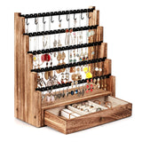 Pinzoveco Earring Organizer, 5 Layer Earring Holder Organizer with Necklace Holder Pole, Rustic Wood Jewelry Organizer Stand Display for Stud Earring Bracelet Necklace Ring, 175 Earring Holes Pinzoveco