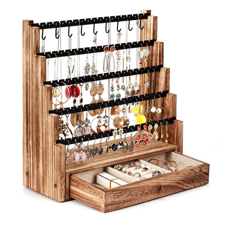 Pinzoveco Earring Organizer, 5 Layer Earring Holder Organizer with Necklace Holder Pole, Rustic Wood Jewelry Organizer Stand Display for Stud Earring Bracelet Necklace Ring, 175 Earring Holes Pinzoveco