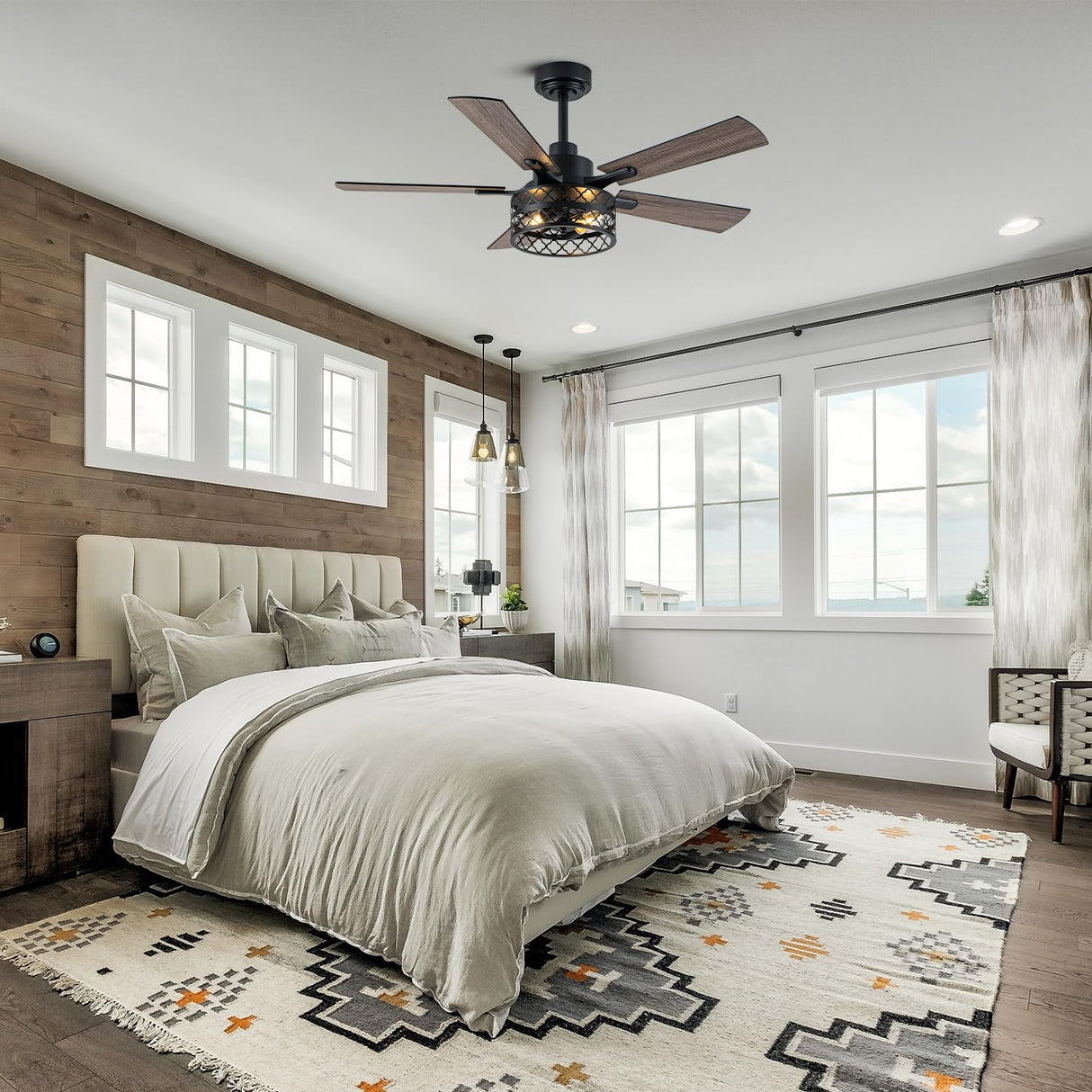 Curve Curio 46 Inch Farmhouse Ceiling Fan with Light Black Industrial Ceiling Fan Rustic Chandelier Fan for Living Room Bedroom Patio Curve Curio