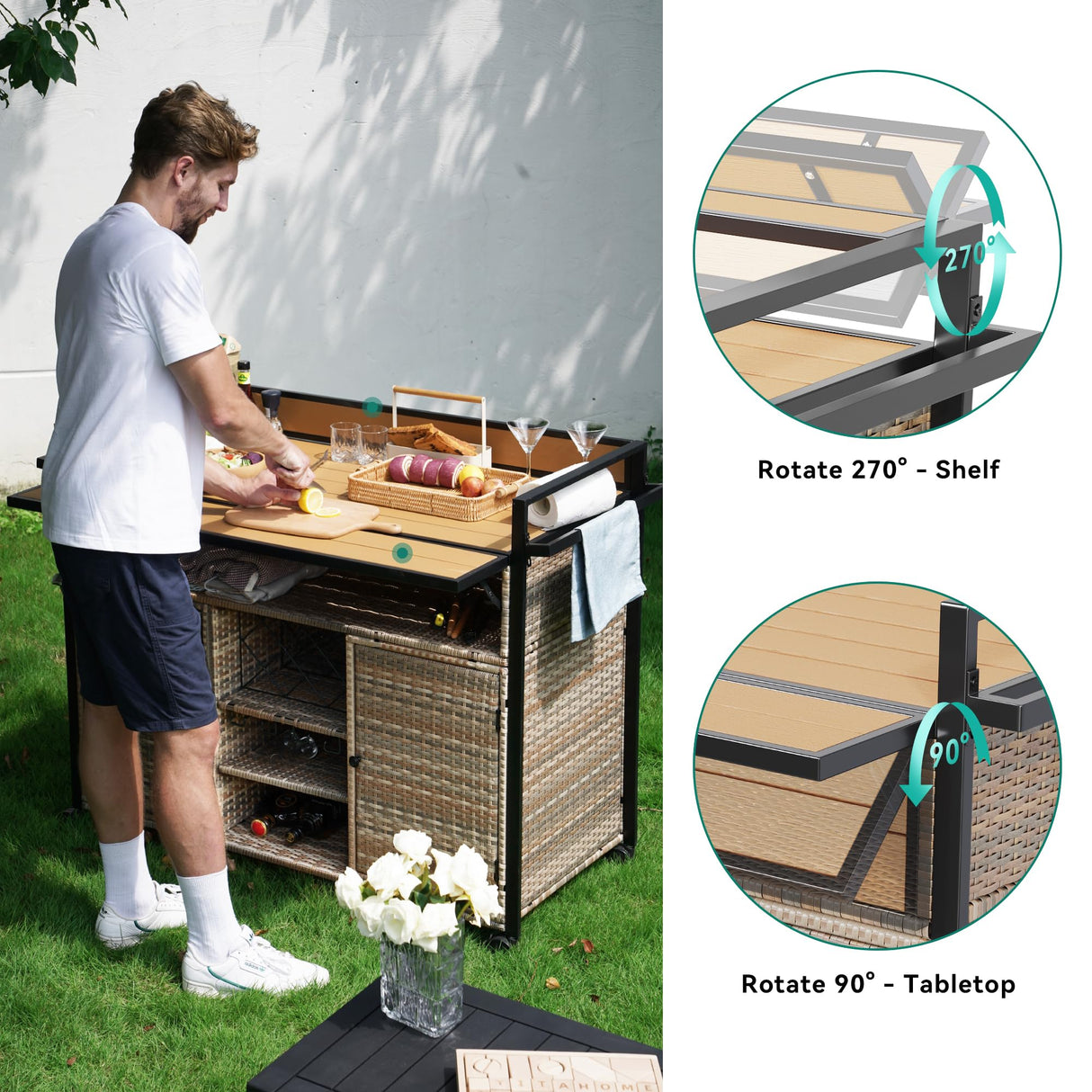 YITAHOME XL Rolling Outdoor Kitchen Cart with Wicker Storage and Expandable Table Top - Light Yellow Gradient YITAHOME