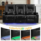 URRED Wall Hugger Power Recliner Sofa, RV Double Reclining 3-Seater Couch for Living Room with LED Lights, USB Ports, Cup Holders and Side Pockets, Outlets, Drawer, Faux Leather – Black URRED