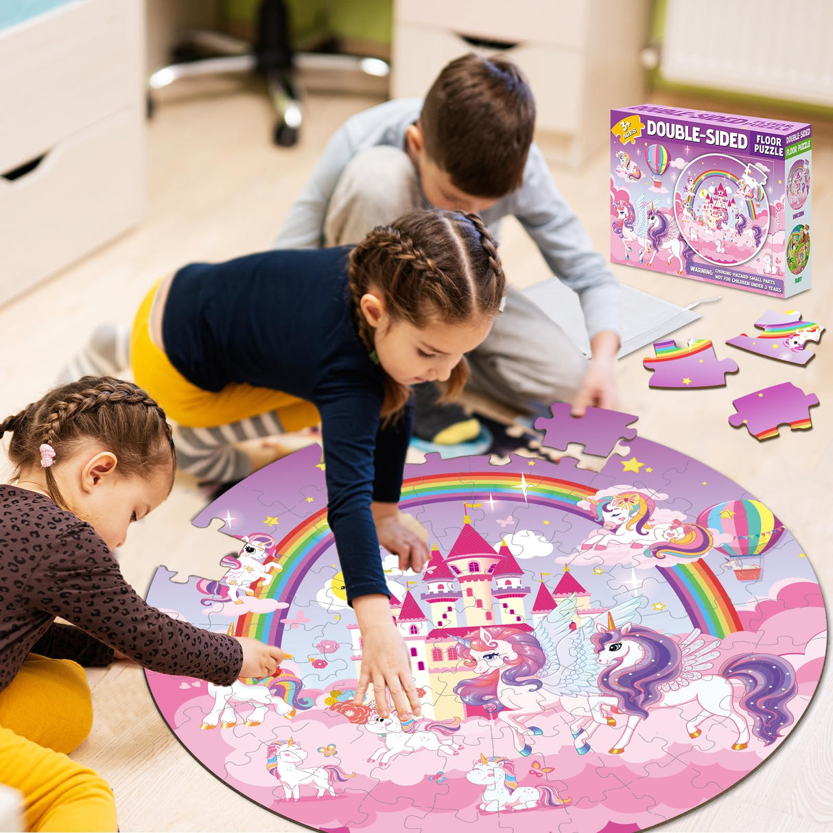 71Pcs Unicorn Fairy Jigsaw Puzzles for Girls Ages 3-5 Fairy Double Sided Puzzle for Kids Rainbow Castle Round Floor Puzzles Xmas Party Supplies Preschool Brain Teaser Educational Toys ZOIIWA