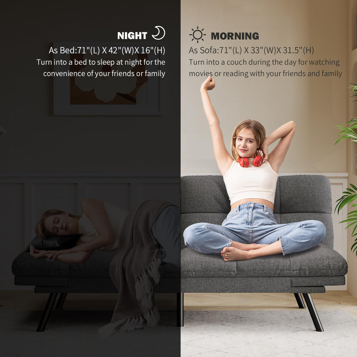 AMICLIBER Convertible Futon Sofa Bed,71" Memory Foam Futon Couch,Detachable Cushion,Adjustable Backrest & Armrest,Linen Modern Loveseat Sleeper Recliner for Living Room,Office,Apartment,Medium Grey AMICLIBER