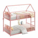 LIKIMIO Bunk Bed Twin Over Twin, House Bunk Bed Frame with Ladder and Guardrail, House Shaped with Metal Slats for Dormitory and Bedroom, Space Saving, No Box Spring Needed, Pink LIKIMIO