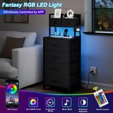 REAHOME 41 Inch Tall Nightstand with Charging Station, LED Night Stand with 6 Fabric Drawers, Bed Side Table with 3-Tier Wood Storage Shelves for Bedroom, Office, Small Spaces, Dark Gray REAHOME