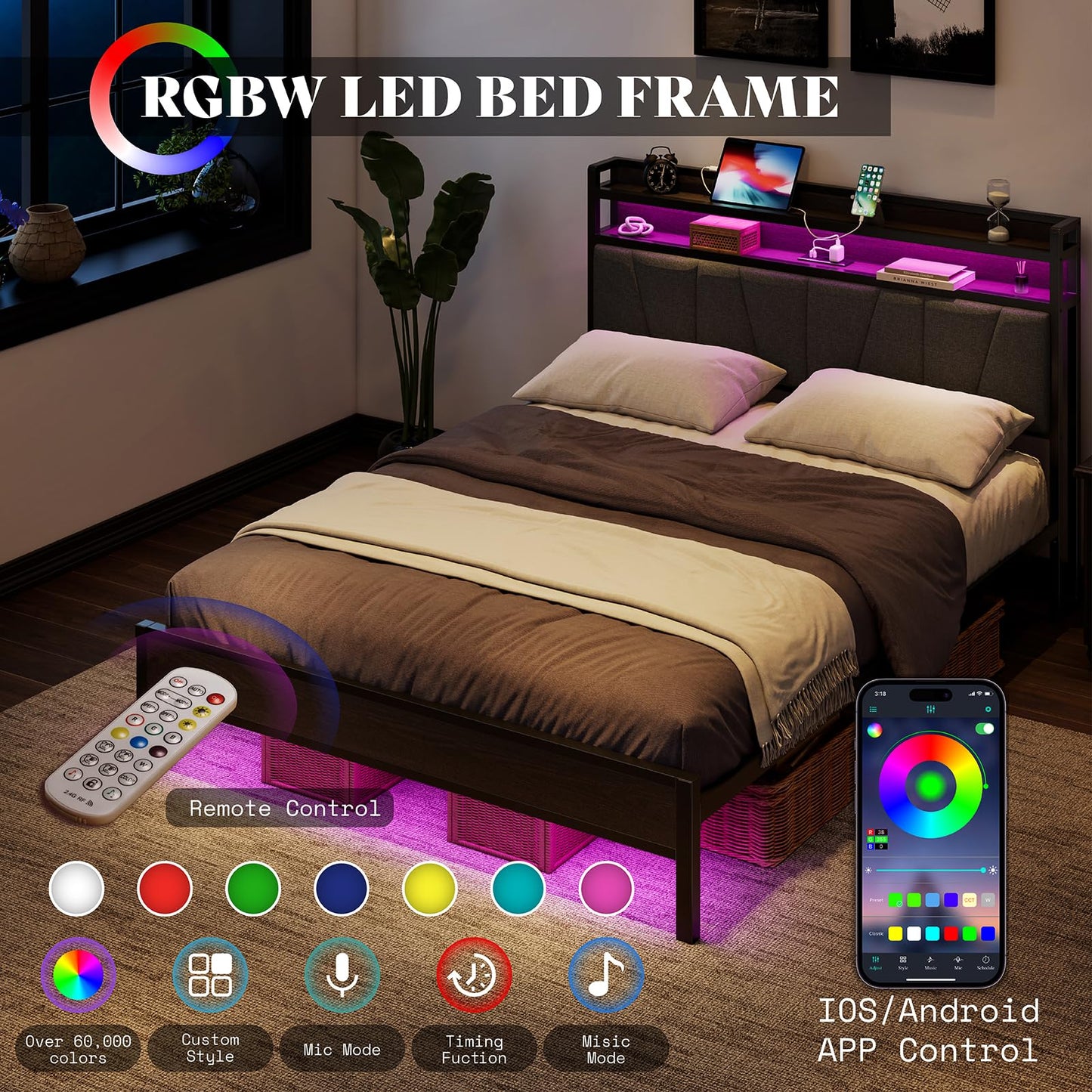 AMERLIFE King Size LED Bed Frame with RGB Lights, Charging Station & Storage Headboard, Black - WoodArtSupply