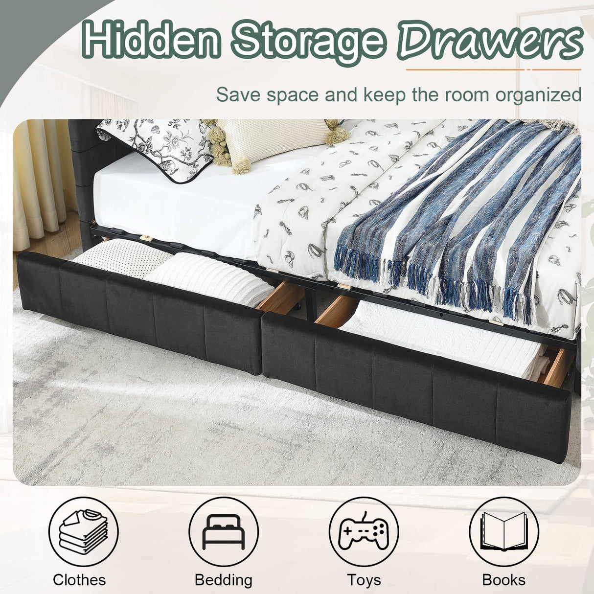 Queen Daybed with Storage Drawers, Modern Corner Tufted Velvet Upholstered Queen Size Sofa Day Bed Frame with Wooden Slats for Bedroom Guest Room Living Room, No Spring Boxes Needed, Black Antetek