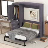 SOFTSEA Full Size Murphy Bed with Wardrobe, Farmhouse Wall Bed Frame with Storage Drawers, Can be Folded into a Cabinet, No Box Spring Needed, Grey SOFTSEA