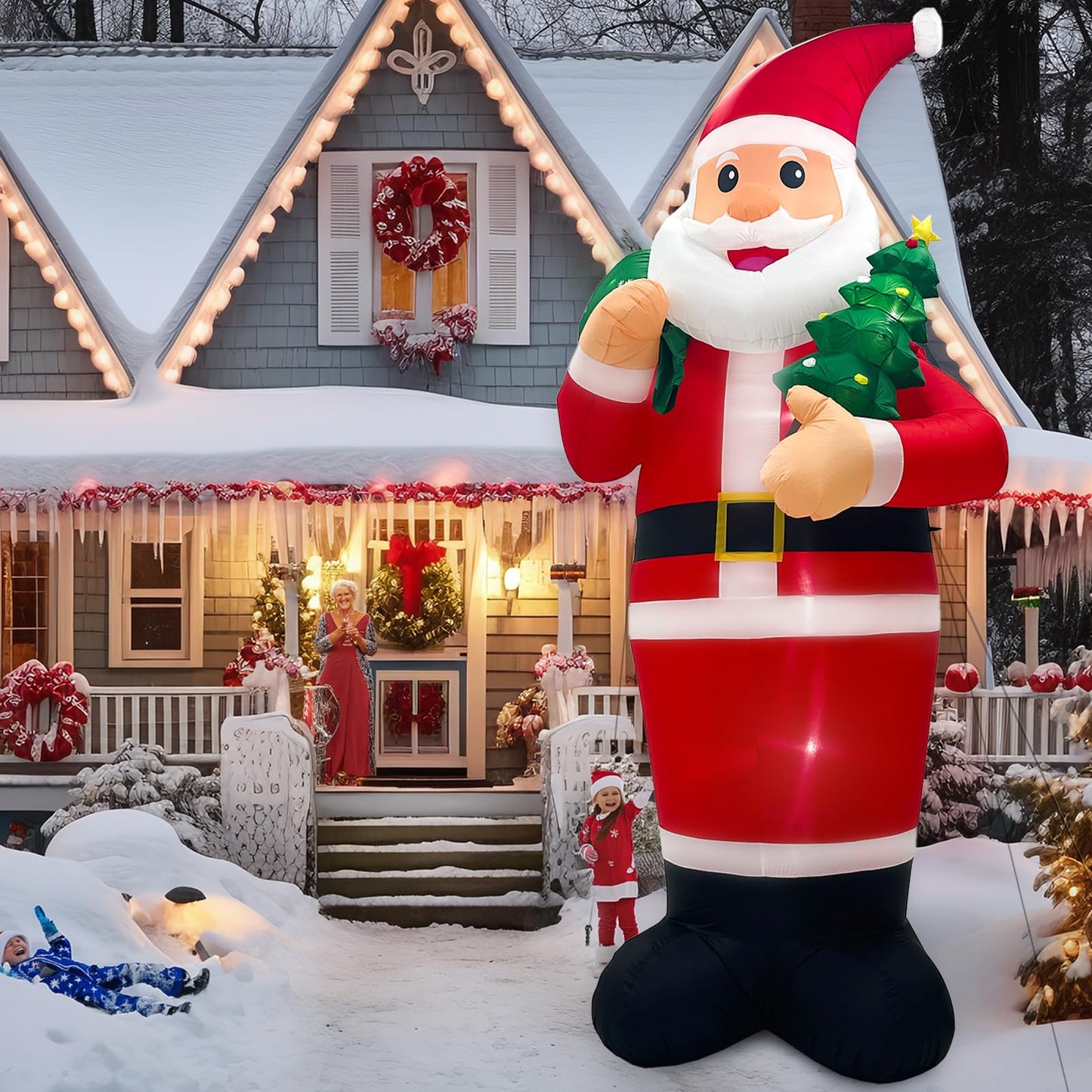 Fayavoo 14FT Giant Christmas Inflatables Outdoor Decoration Santa Claus, Christmas Blow Ups with Gift Bag Christmas Tree and LED Lights, Xmas Decor Outdoor for Outside Garden Lawn Holiday Party